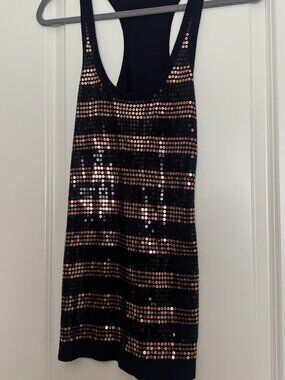 MNG Mango Black Rose Gold Sequin Stripe Racerback Tank Dress XS